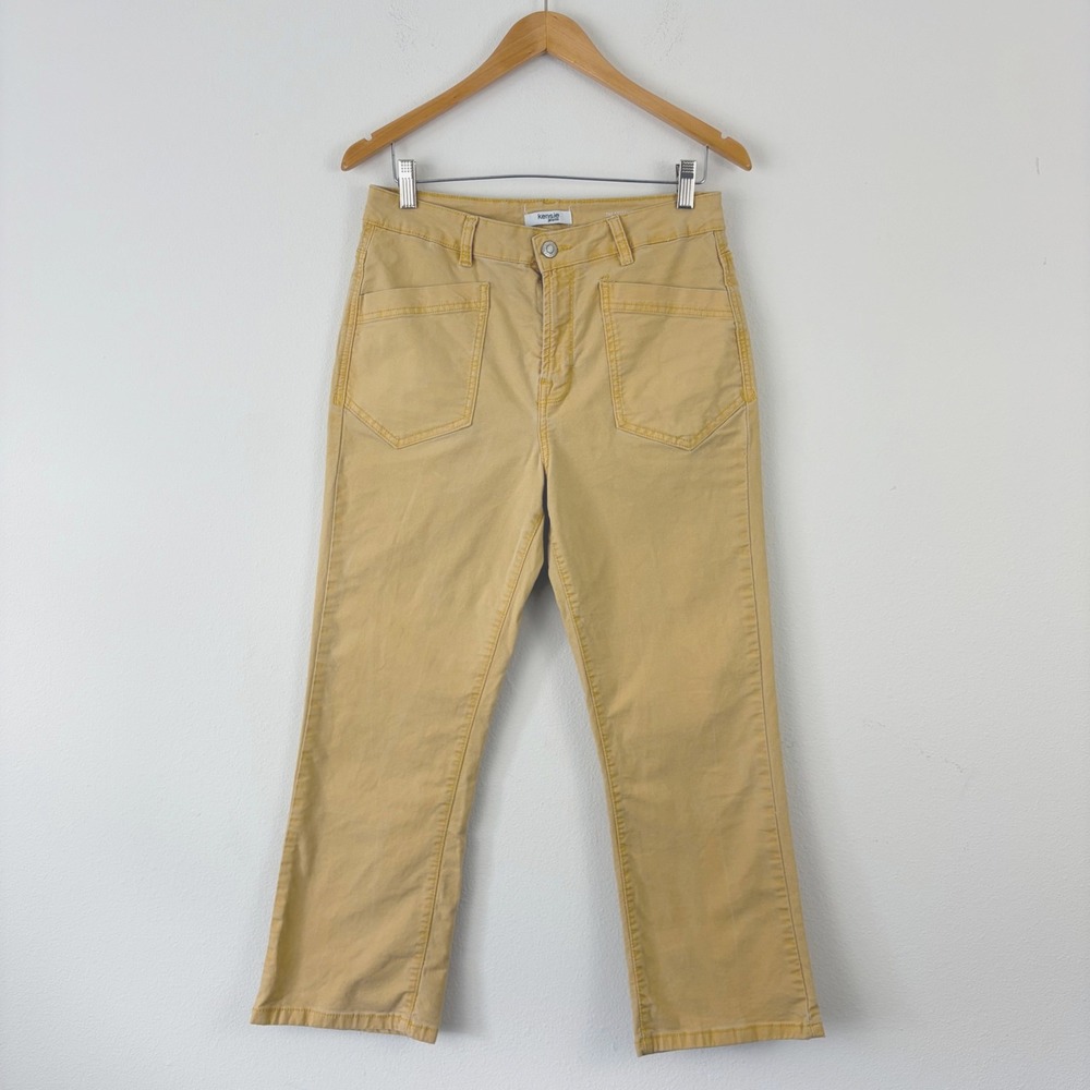 Kensie Jeans Savannah High Rise Flare Crop Faded Mustard Yellow Utility Pants 28
